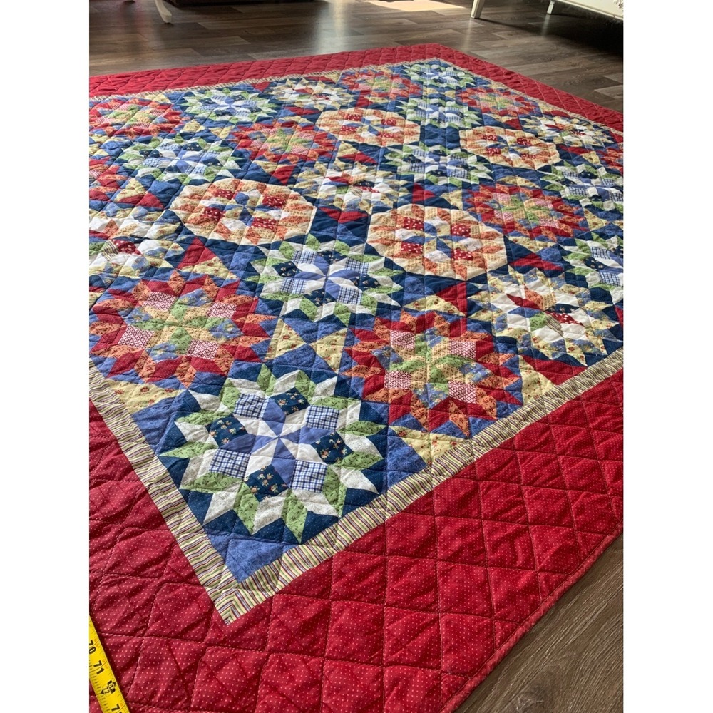 Vintage Walmart Star Patchwork Quilt Red Blue Green Floral Polka Dot Bedspread - Picture 7 of 12
